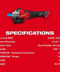 Heavy Duty Ripping Variable Speed Angle Grinder Featuring Brushless Powerhouse Motor With Serious Kickback Control And Pro Grade 9000 Rpm Output For No Sweat Grind Tasks As Bare Tool specifications including size and features.