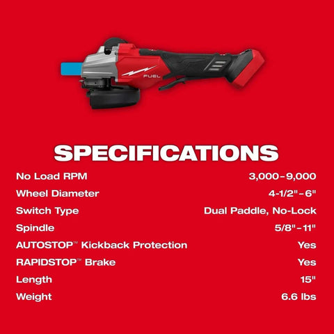 Heavy Duty Ripping Variable Speed Angle Grinder Featuring Brushless Powerhouse Motor With Serious Kickback Control And Pro Grade 9000 Rpm Output For No Sweat Grind Tasks As Bare Tool specifications including size and features.