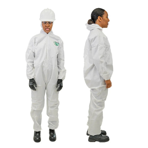 Two workers wearing MicroMax Protective Disposable Coverall For Painting And Cleaning Jobs With Respirator Fit Hood White 4X Large