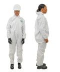 MicroMax Protective Disposable Coveralls For Paint Job And Cleanup With Respirator Fit Hood White Large 25 Pack with side and front view