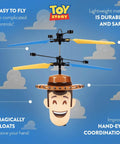 Woody Inspired Toy Story Flying IR UFO Helicopter With Motion Sensing Hover in midair with blue and yellow blades.