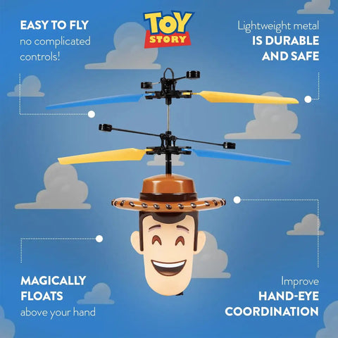 Woody Inspired Toy Story Flying IR UFO Helicopter With Motion Sensing Hover in midair with blue and yellow blades.