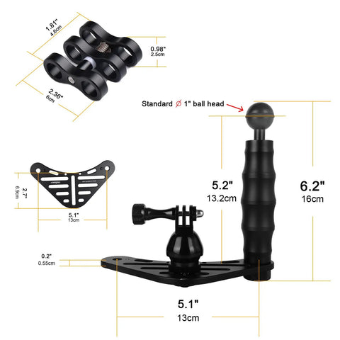 Dimensions of Underwater Camera Tray Kit With Handheld Grip And Stabilizer For GoPro Gear in aluminum alloy tray for ocean dives.