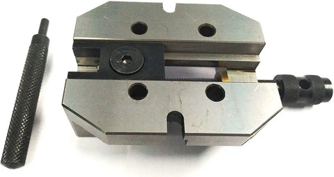 Heavy Duty Two And Three Eighths Inch Jaw Width Grinding Steel Vice With Hardened Ground Finish For Precision Milling And Toolroom Use Providing Vibration Free Clamping And Stable Workholding. Front view with handle