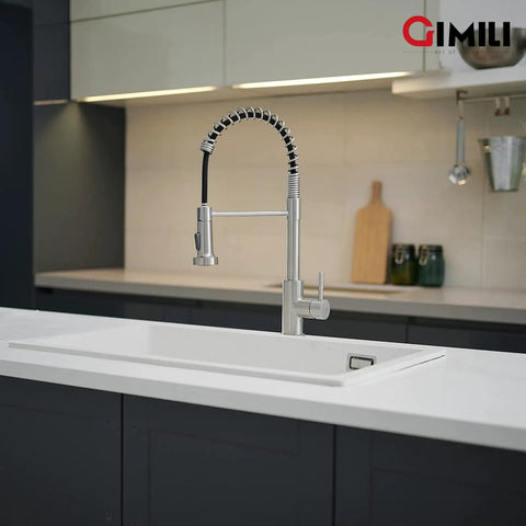Pull Down Kitchen Faucet With Sprayer Single Hole Stainless Steel Sink Tap Built For Farmhouses RVs Laundry Rooms Outdoor Living And Campers Brushed Nickel Finish installed in modern kitchen