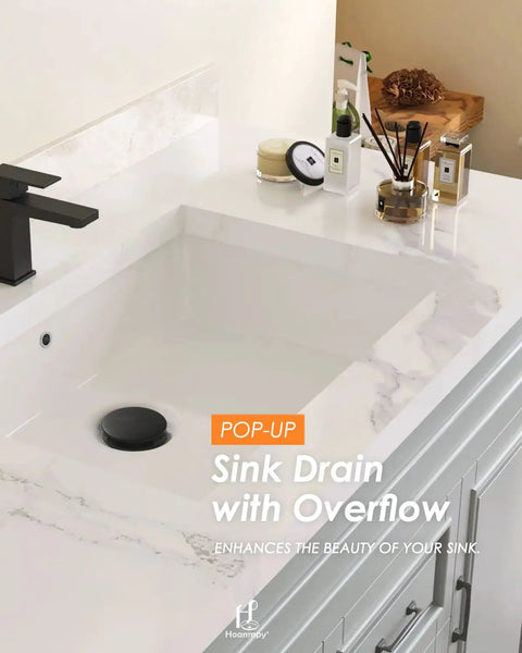 Matte Black ABS Pop Up Sink Drain With Overflow For Bathroom Vessel Sink Lavatory Vanity Easy Install No Leak Drama Durable Construction And Leak Proofing in marble sink.
