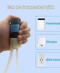 Hand holding Automatic USB Powered Siphon Pump For Bottling Home Brew Wine Beer Kombucha With Food Grade Hose Self Priming Design 2 Liters Per Minute No Mess Leak Low Noise Compact Portable Water Transfer Kit with connection options to powerbank, charger, wall socket shown.