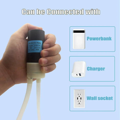 Hand holding Automatic USB Powered Siphon Pump For Bottling Home Brew Wine Beer Kombucha With Food Grade Hose Self Priming Design 2 Liters Per Minute No Mess Leak Low Noise Compact Portable Water Transfer Kit with connection options to powerbank, charger, wall socket shown.