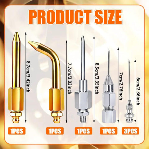 7 Piece Grease Gun Needle Tip And Nozzle Accessory Kit for Automotive with product size dimensions shown