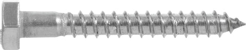 Close-up of a single half inch by six inch stainless steel hex lag screw for pre-drilled holes, used in outdoor projects like deck frames.