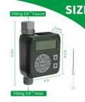 Programmable Sprinkler Timer For Garden Hose With Solar And Battery Power LeakProof Irrigation Controller showing dimensions and valves.