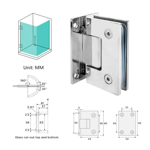 Beefy Frameless Glass Shower Door Hinges Set, Heavy Duty 304 Stainless Steel, diagram showing mirror polished finish and dimensions