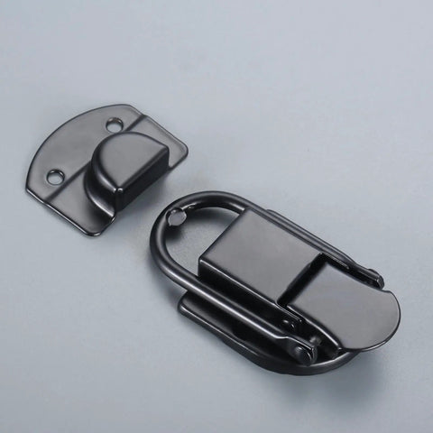 Five Piece Set Heavy Duty Black Metal Hasp Latches Built Different For Flight Cases showing lock components on a gray background.