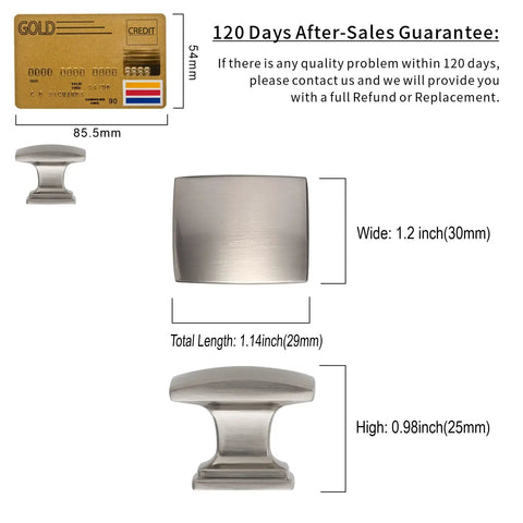 10 Pack Brushed Satin Nickel Cabinet Knobs And Pulls Set - 1-1/8 Inch Single Hole Square Drawer Handles Dimensions ZH0011