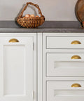 Hard-As-Nails 10 Pack Antique Brass Cabinet Cup Pulls With 3 Inch Hole Center For Vintage Kitchen Drawers and Bathroom Vanities Heavy Duty Zinc Alloy Handles Easy Install No Fuss Finish To Your Home Remodel Project In Minutes on white cabinets.