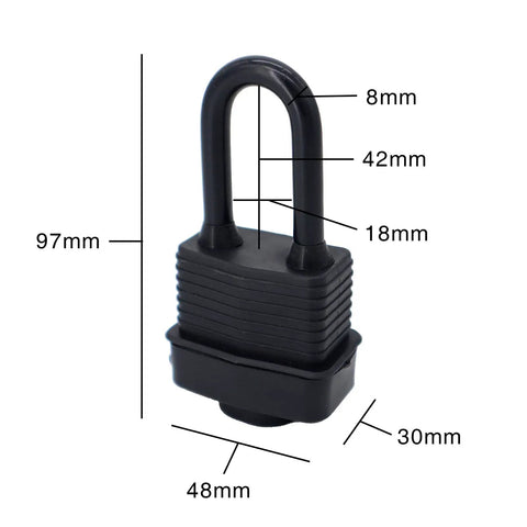 Heavy Duty Waterproof Padlocks Keyed Alike For Outdoor Use With 1 9/16 Inch Wide Laminated Steel Body With Measurements Displayed