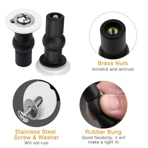 4 Pack Toilet Seat Bolts Kit With Expanding Rubber Top Nuts For 14 To 16mm Hole Seats, showing brass nuts and rubber bung details.