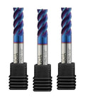 Three Piece Three Sixteenths Inch Tungsten Carbide End Mill Set With Nano Coated Four Flute Micro Grain CNC Milling Cutter Bits For Stainless Steel HRC65 Finishing And Semi Finishing Pro Grade Heavy Duty shown in vertical view.