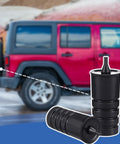Four Pack Spare Tire Bump Stop Kit for Jeep Wrangler JK JL 2007 to 2024, shown on a red Jeep with two polyurethane parts displayed.