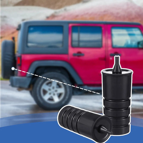 Four Pack Spare Tire Bump Stop Kit for Jeep Wrangler JK JL 2007 to 2024, shown on a red Jeep with two polyurethane parts displayed.