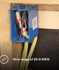 Performance Plus Wire Connectors T And R Jug Tan Red 22-8 AWG installed in blue electrical box with visible wires