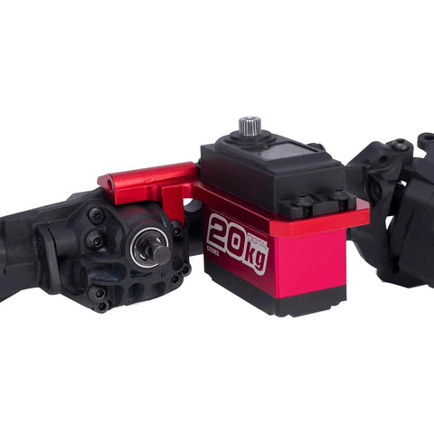 Beefy Aluminum 1/10 RC Portal Axle Servo Mount With Low Center Of Gravity CNC Front Axle Mount attached to RC chassis