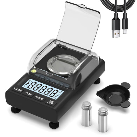 Pro Grade High Precision 100g Milligram Scale 0.001g Readability With 50g Calibration Weight USB And Battery Powered Includes Tare And Count