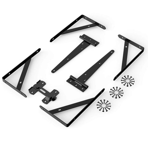 Gate Frame Kit with 8 Inch Hinges and Gate Latch for Wooden Shed and Barn Doors, includes brackets and screws, alloy steel with black finish.