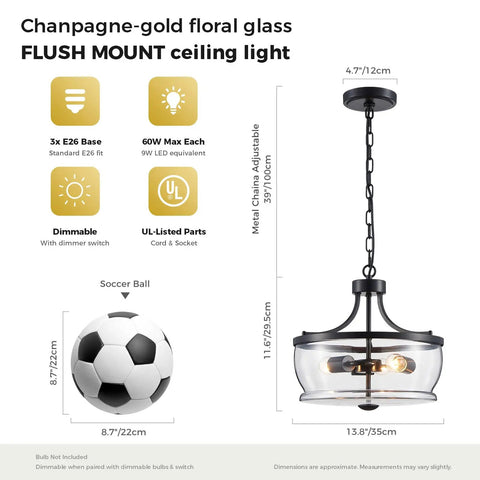 Firedanz 3-Light Glass Pendant Light, Height Adjustable with floral glass design and adjustable chain for flush mount.
