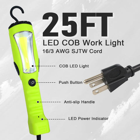 Ultra Bright 1200 Lumen COB LED Work Light With 25 Foot Heavy Duty Cord, Handheld Design, Magnetic Base, Rotatable Hanging Hook, Green