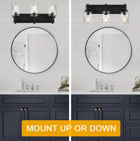 Three Light Modern Vanity Wall Sconce In Black With Hammered Glass Shades For Dope Bathroom Lighting Mirror Cabinets