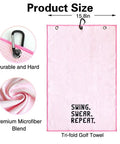Swing Swear Repeat Embroidered Pink Golf Towel With Clip For Golf Bags showing size 23.6x15.7 inches, premium microfiber, carabiner clip