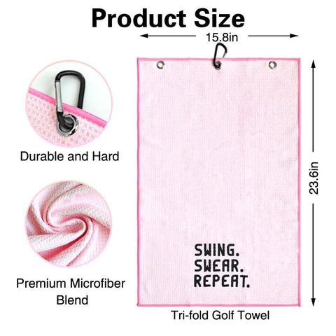 Swing Swear Repeat Embroidered Pink Golf Towel With Clip For Golf Bags showing size 23.6x15.7 inches, premium microfiber, carabiner clip