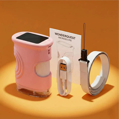 4K Handheld Microscope With Light And 2 Inch IPS Screen 1000x Magnification USB Digital Miniscope Loupe Magnifier For Pro Grade Insects Plants Textures And Close Up Discovery Yellow shown with USB cable and manual