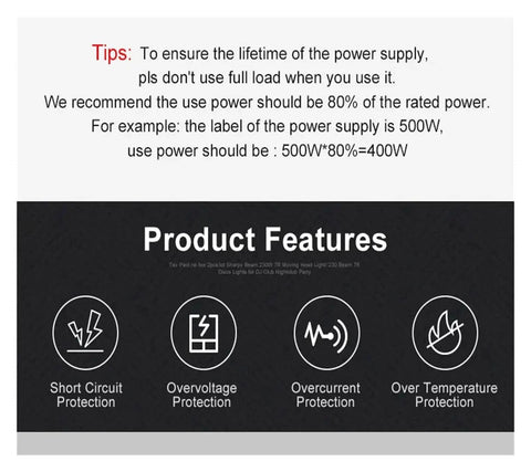 Product features of Beefy 1200W AC DC Power Supply for CNC CCTV Cameras and LED Lighting 60V Output, highlighting protection tips.