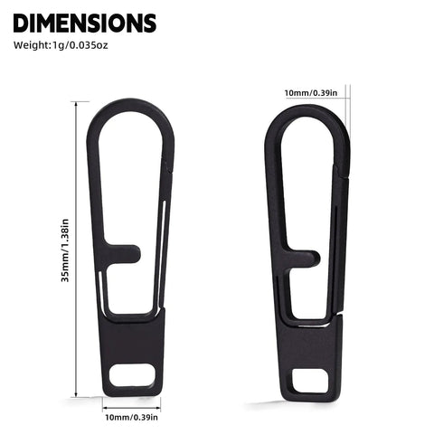 Two Pack Heavy Duty Titanium Zipper Pull Replacements For Backpacks Luggage Jackets And Outdoor Gear Ultra Durable Easy To Install Universal Fit Black with dimensions 35mm by 10mm, weight 1g shown.