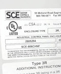 Label on R3 Industrial Control Panel Enclosure Model 806Chnf with technical specifications