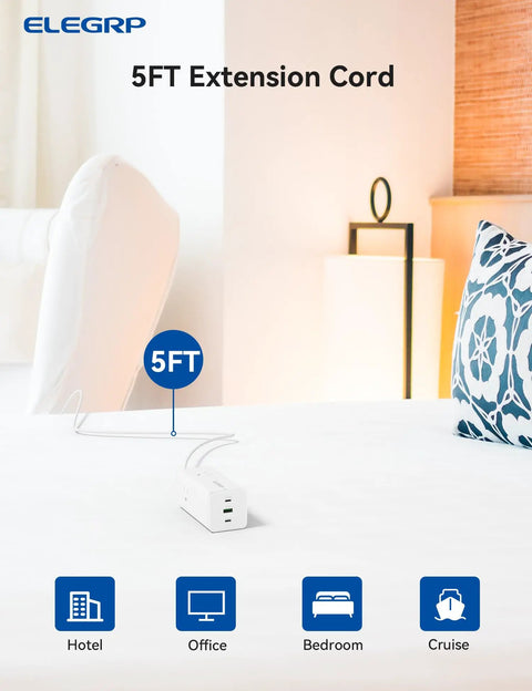 Six In One Power Strip With Surge Protection Three AC Outlets Two USB C Ports 65W Fast Charging And One USB A 18W MacBook Compatible Five Foot Extension Cord Ideal Home Office Charging Station shown on hotel bed with 5FT label, lamp and pillow in background.