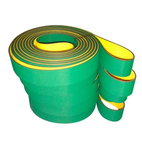 Yellow Green Nylon Base Belt For High Speed Conveyor Drive Flat Nylon Sheet Belt Beefy Heavy Duty Durable 610x15x2mm To 650x15x2mm Perimeter Low Elongation Oil Resistant Wear Resistant Industrial Conveyor Belt rolled on white background
