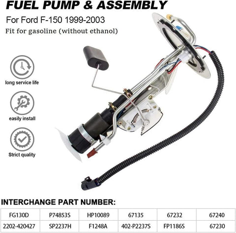 Ford Fuel Pump Assembly Replacement for 1999 2000 2001 2002 2003 F 150 and 2004 F 150 Heritage and 1999 F 250 with Upgraded Core Components for Efficient Fuel Delivery and High Precision Oil Level Sensor for Reliable Starts displayed against a white background with part numbers listed