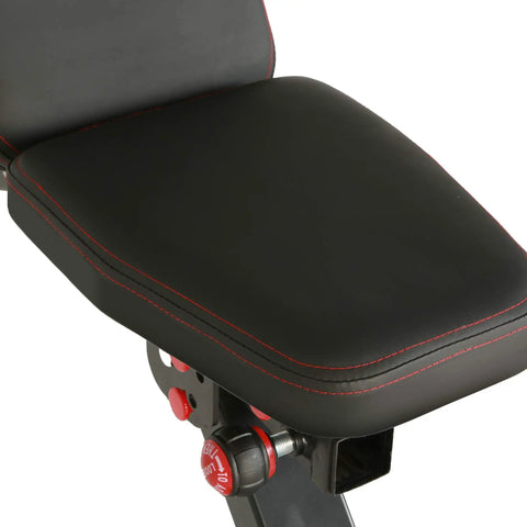 Close-up of the seat of the 2000 Super Max XL Adjustable Weight Bench For Incline Decline Press And Full Body Workouts No Gap Foldable Home Gym Bench Built To Last With 850 Pound Capacity For Home Gyms And Pros.
