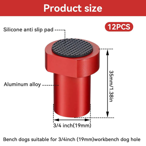 12 Piece Aluminum Bench Dogs Set for Milling and Cutting on MFT Workbenches, Three Quarters Inch 19mm Non Slip Bench Dogs With Clamp Inserts