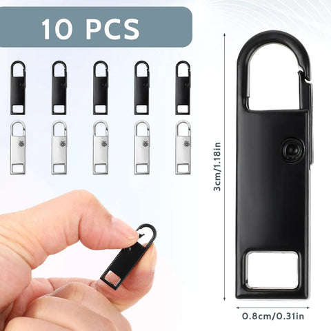 10 Piece Upgraded Metal Zipper Pulls Set With Detachable Tabs For Luggage, Suitcases, Backpacks, And Jackets In Black, Silver