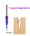 Front view of blue-coated Jiiolioa CNC router bit, 1/4 in shank, 1/32 in ball-nose tip, solid carbide for wood carving