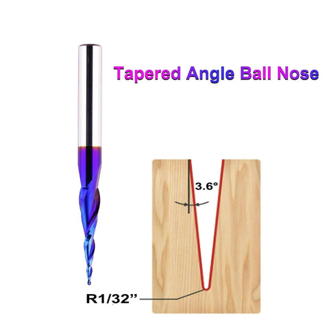 Front view of blue-coated Jiiolioa CNC router bit, 1/4 in shank, 1/32 in ball-nose tip, solid carbide for wood carving