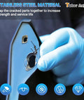 Gloved hand using Hot Staples Plastic Welder Repair Kit With 1300 Pcs for car plastic repair, emphasizing stainless steel staples.