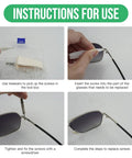 Eyeglasses And Sunglasses Repair Kit With Screws Nose Pads Magnetic Screw Assortment Precision Screwdrivers Angled Tweezers Microfiber Cleaning Cloth And Watch Repair Tools All In One Fix Kit instructions showing repair process on glasses.