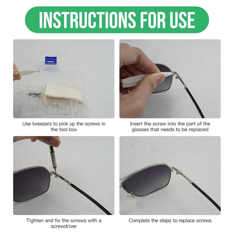 Eyeglasses And Sunglasses Repair Kit With Screws Nose Pads Magnetic Screw Assortment Precision Screwdrivers Angled Tweezers Microfiber Cleaning Cloth And Watch Repair Tools All In One Fix Kit instructions showing repair process on glasses.