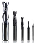 Premium Solid Carbide Two Flute End Mill With TiAlN Coating Engineered For Heavy Duty CNC Machining, showcases five end mills in various sizes.