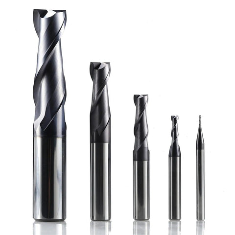 Premium Solid Carbide Two Flute End Mill With TiAlN Coating Engineered For Heavy Duty CNC Machining, showcases five end mills in various sizes.